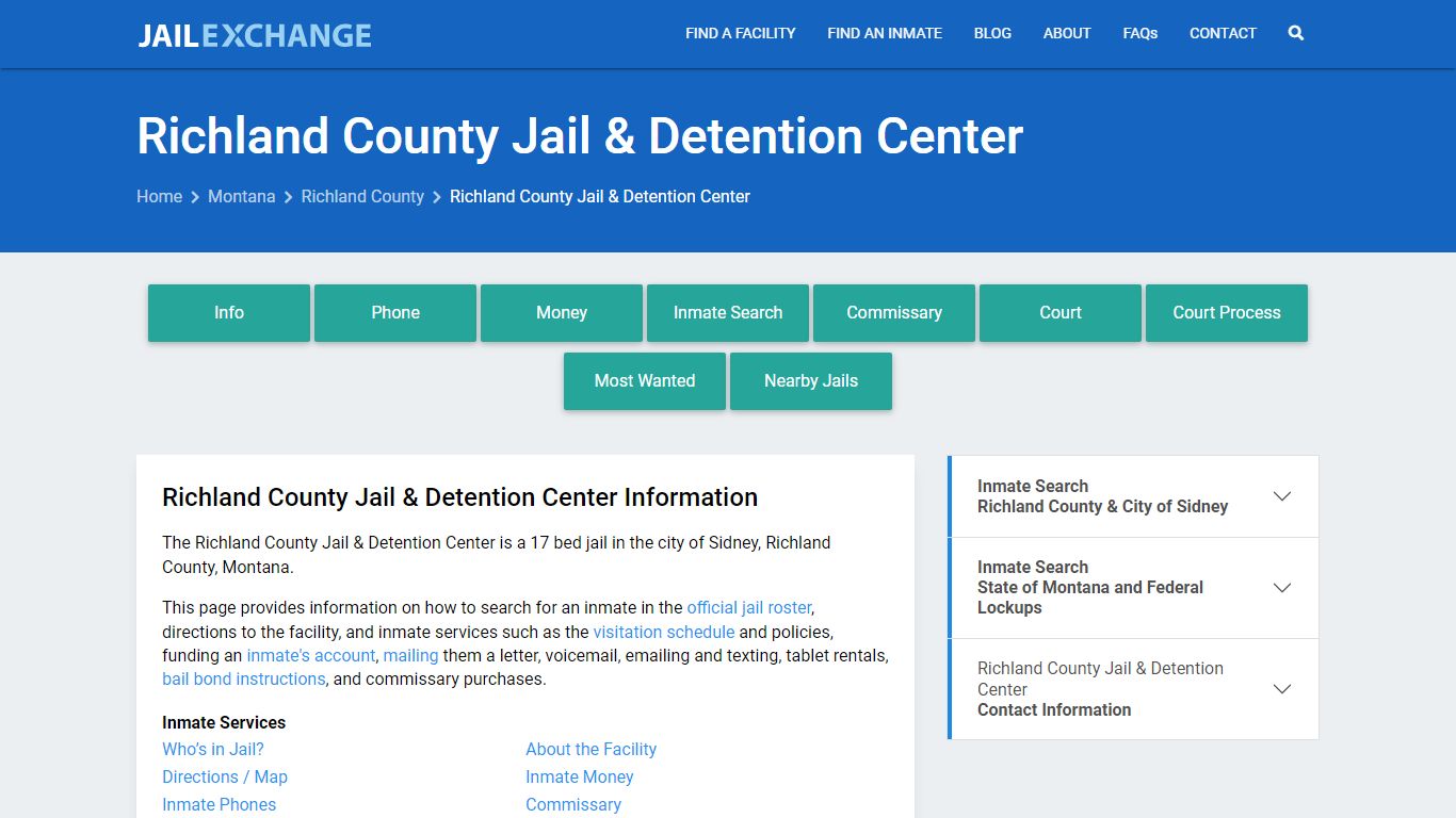 Richland County Jail & Detention Center, MT Inmate Search, Information