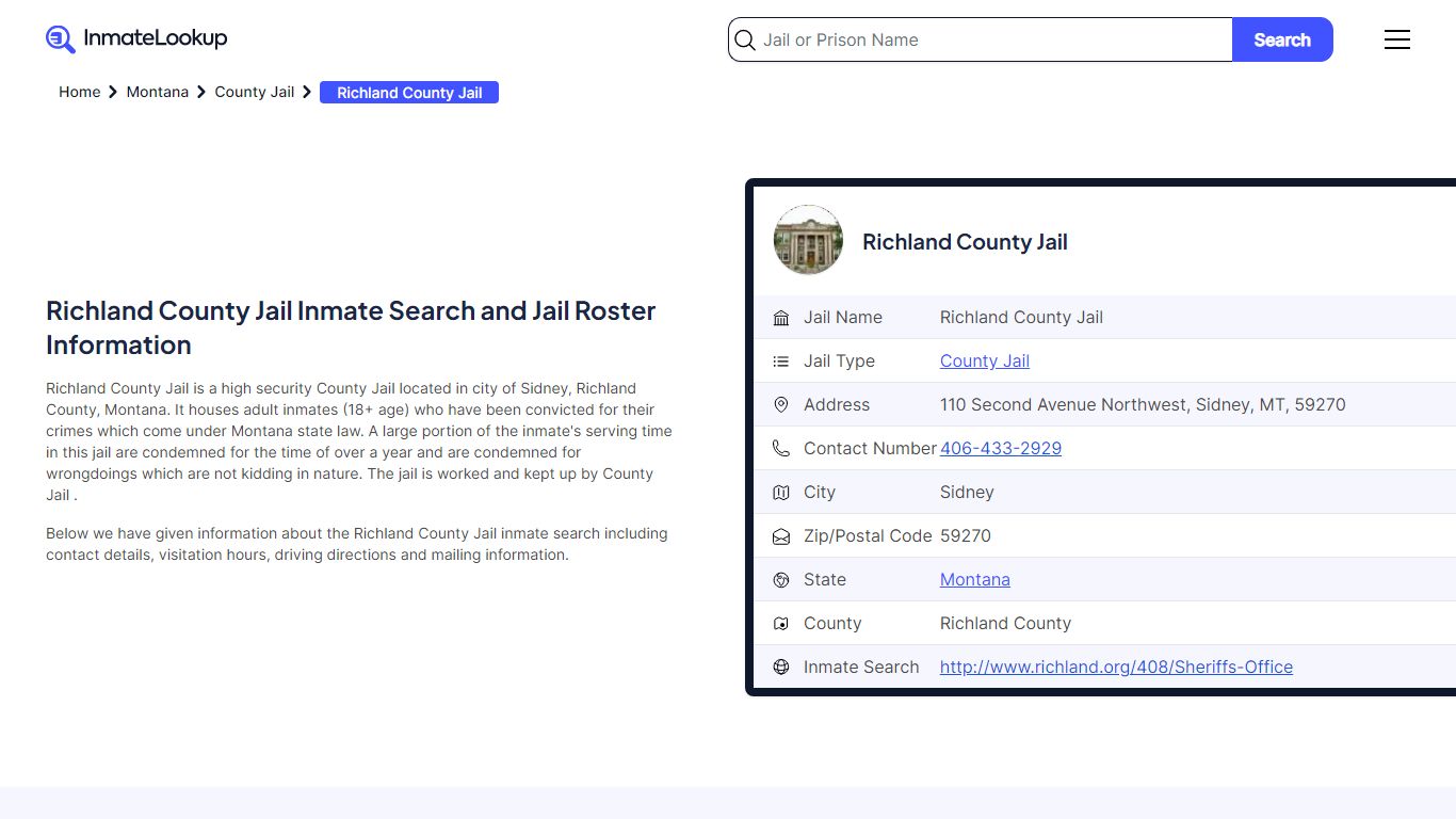 Richland County Jail Inmate Search - Sidney Montana - Inmate Lookup